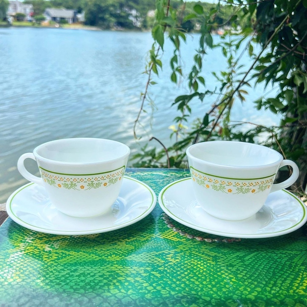 Pyrex Summer Impressions “Sunshine” C Handle Tea Cup Coffee Mug w/Corelle Saucer